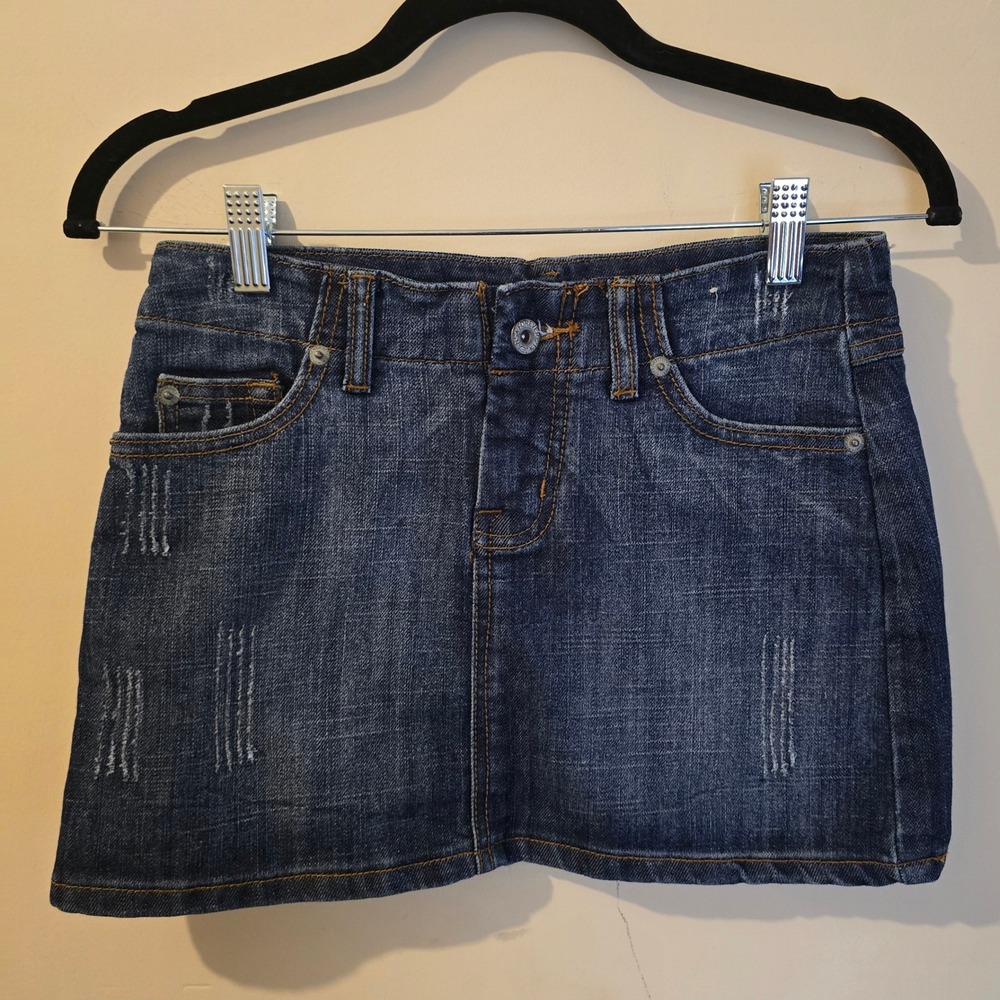 Forever 21 Jeans Y2K Denim Mini Skirt Dark Wash Rhinestone Pockets Size 1/2
